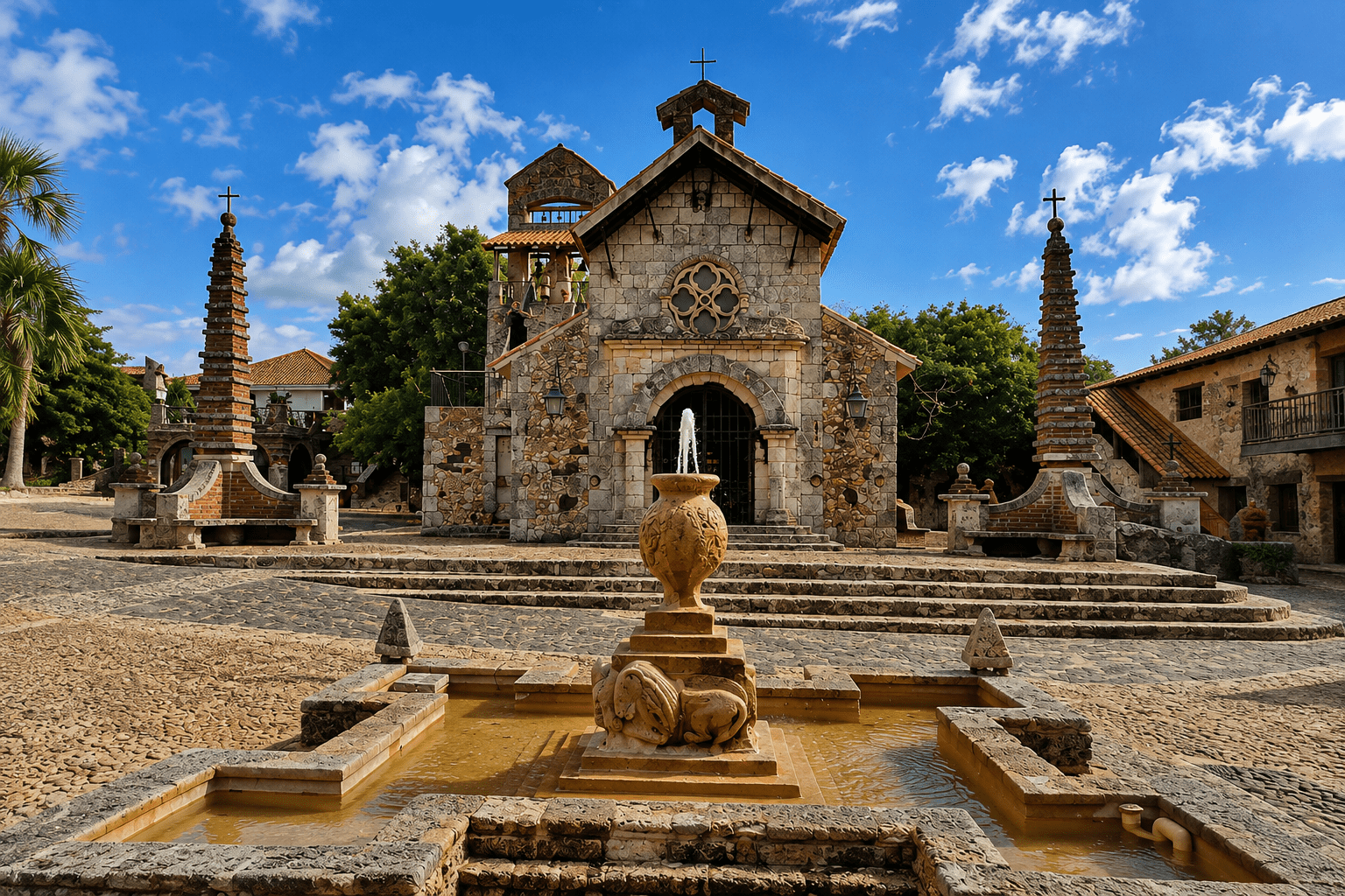 Historic St. Stanislaus stone church and central fountain plaza in Altos de ChavĂ³n, Casa de Campo, an iconic photoshoot location captured by a La Romana photographer in the Dominican Republic.