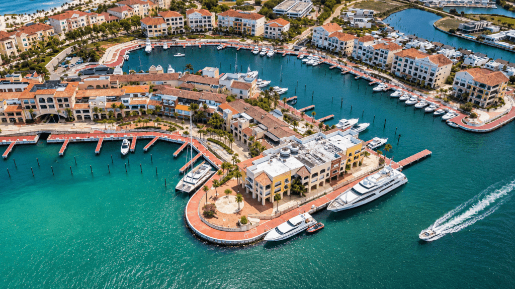 High aerial view of luxury yachts docked along the waterfront resort villas at Cap Cana Marina, captured by a La Romana photographer.