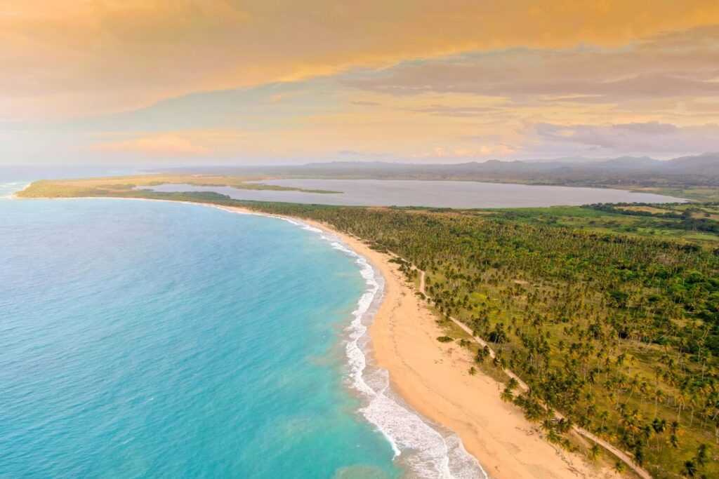 Untouched wild beach with palm trees and ocean waves in Miches, Dominican Republic