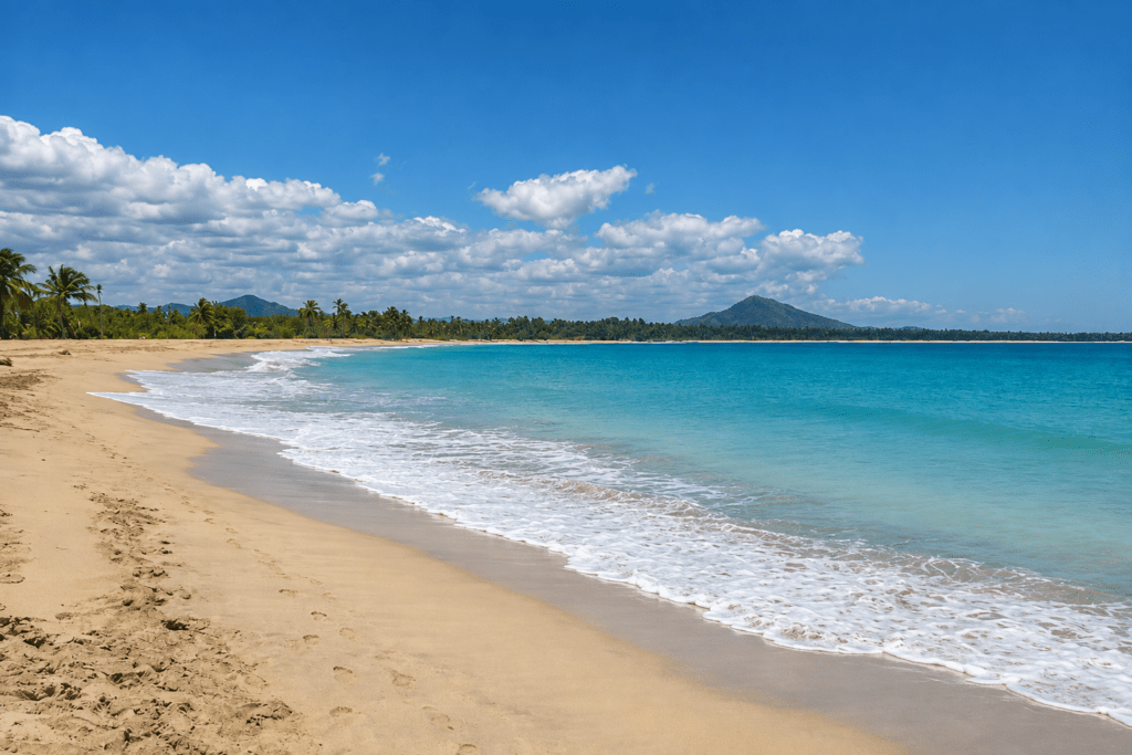 Wide view of golden sand and crystal-clear turquoise ocean waves at Playa Esmeralda in Miches, an ideal outdoor photoshoot setting captured by a La Romana photographer.