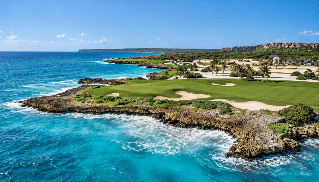 Aerial view of the oceanfront greens and cliffside fairways at Punta Espada Golf Club in Cap Cana, photographed by a La Romana photographer.